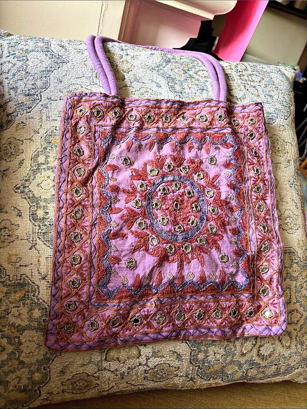 Embroidered Tote in Pink & Purple Like New